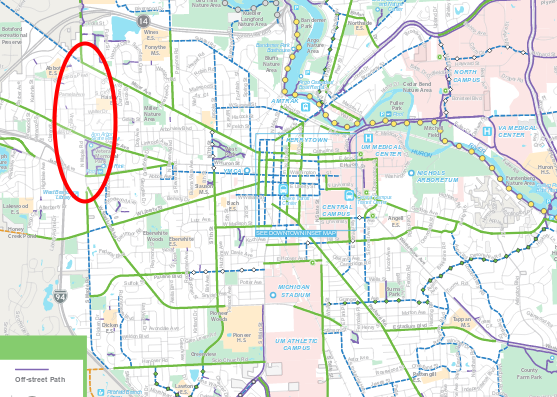 map of bike lanes with N Maple road highlighted