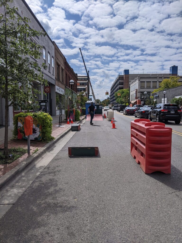 pop-up skatepark with barriers and obstacles outside of Olympia Skateboards