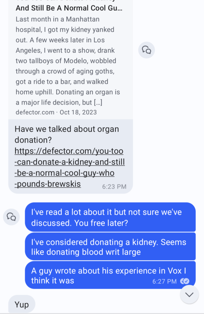 text messages between me and my brother about organics