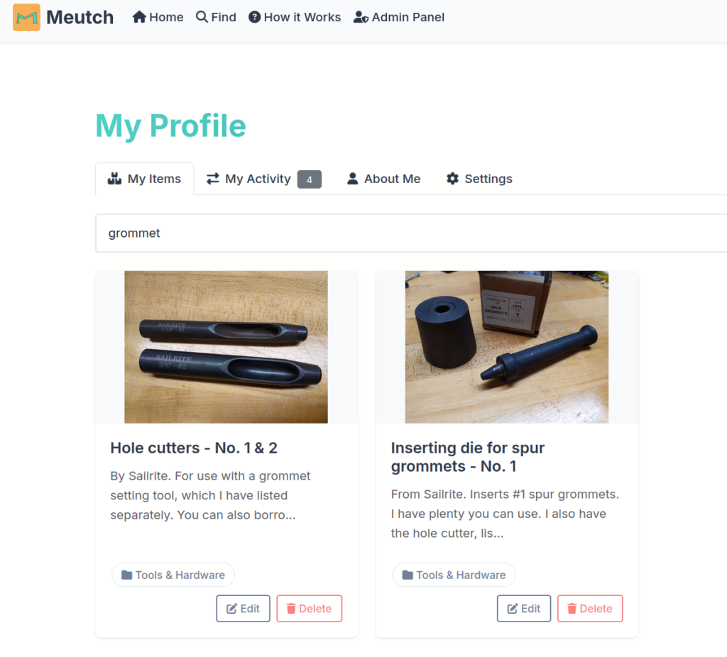 a screenshot of meutch.com showing hole cutters and an inserting die for spur grommets for loan