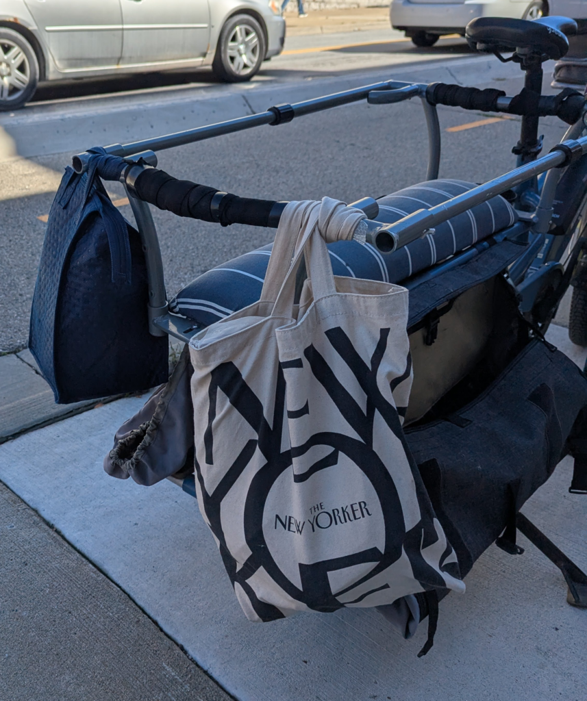 A Yuba Spicy Curry longtail cargo bike with two bags hanging off the rack in the back. On the left a blue lunchbox, on the right, in the foreground, a New Yorker canvas bag,